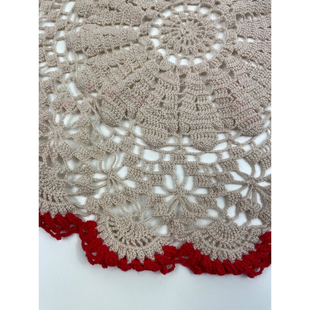 Handmade Crochet Doily Beige Center With Red Edging 11" Round Tabletop Decor - Picture 6 of 8